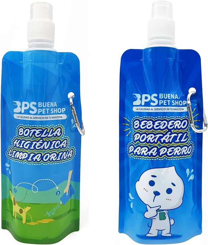 BPS Botella higienica limpia orina para perros 500ml Completamente plegable  con mosquetón para engancharla en la correa llenar con agua o la solución