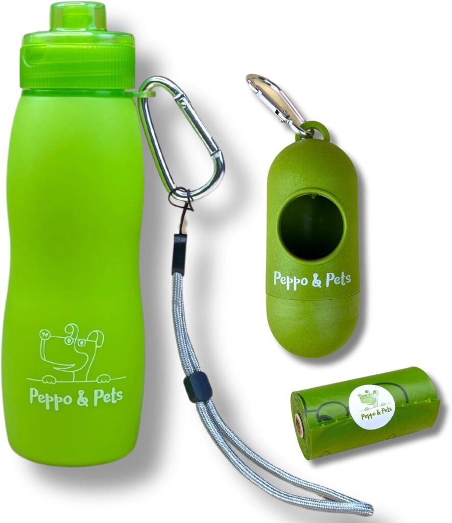 Botella Peppo and Pets para limpiar el pis de tu perro con dispensador de bolsas, ideal para paseos