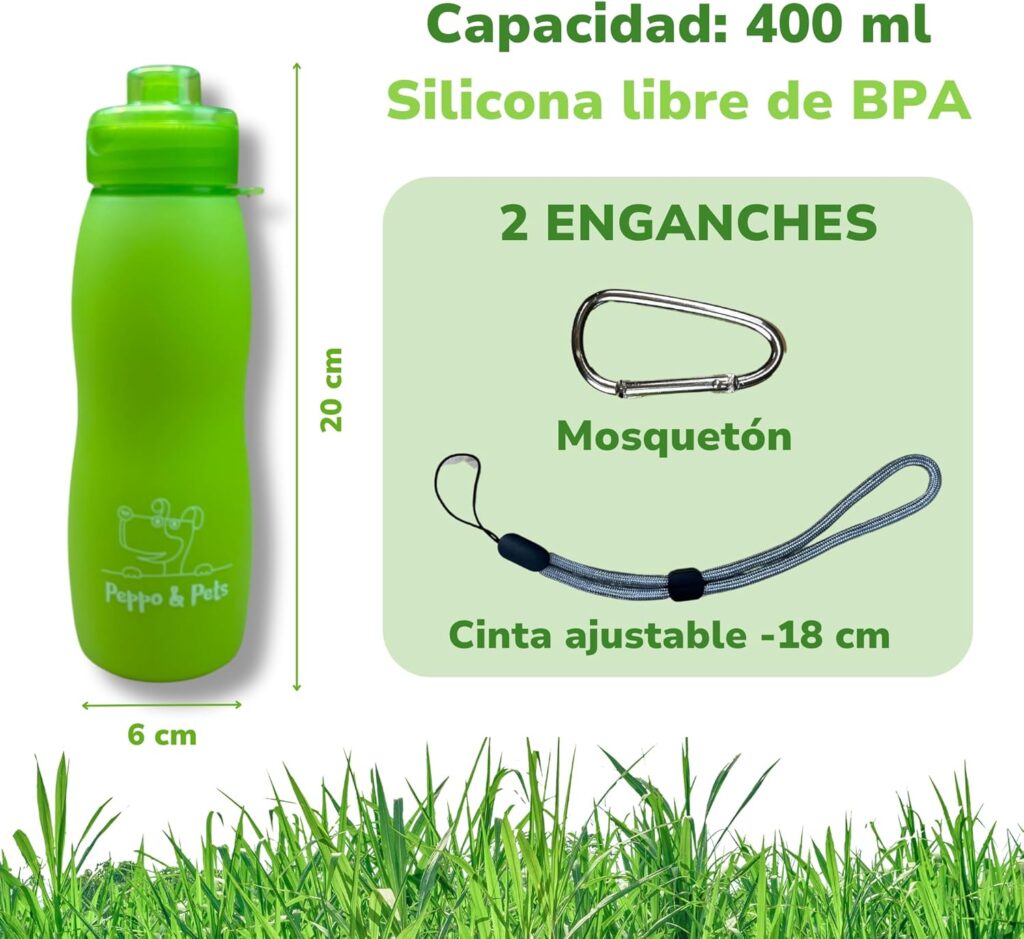 Botella Peppo and Pets de 400 ml con silicona libre de BPA, incluye mosquetón y cinta ajustable de 18 cm